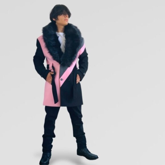 Men’s Pink | Grey | Black Double Breast Coat with Faux Fur NWT - Picture 5 of 9